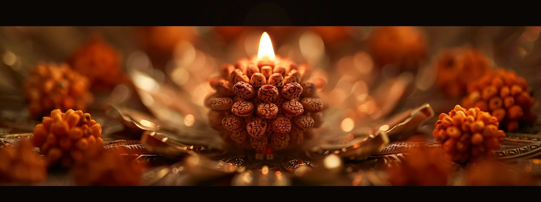 a gleaming twenty one mukhi rudraksha radiating divine energy, surrounded by symbols of wealth and blessings, evoking tales of ancient protection and spiritual interconnectedness.