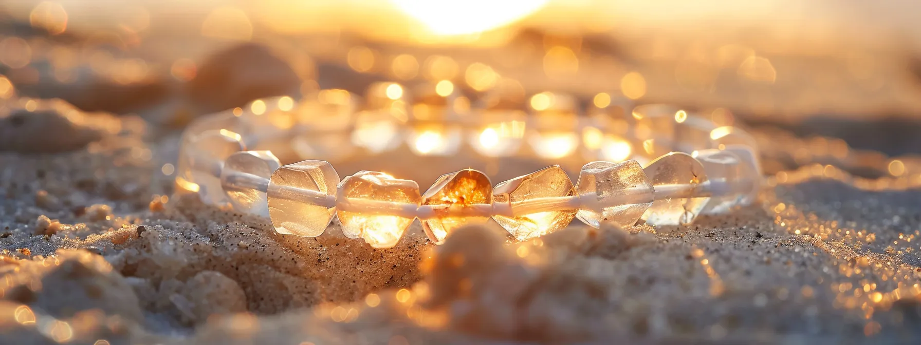 a glistening crystal quartz bracelet resting on a bed of shimmering white sand under the warm glow of sunlight.