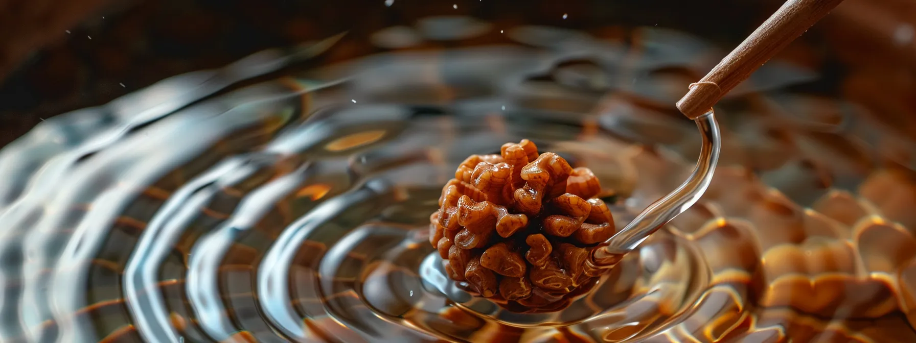 a glistening eleven mukhi rudraksha bead being gently cleaned and delicately prepared for storage, ready to preserve its powerful energy for mantra chanting practices.