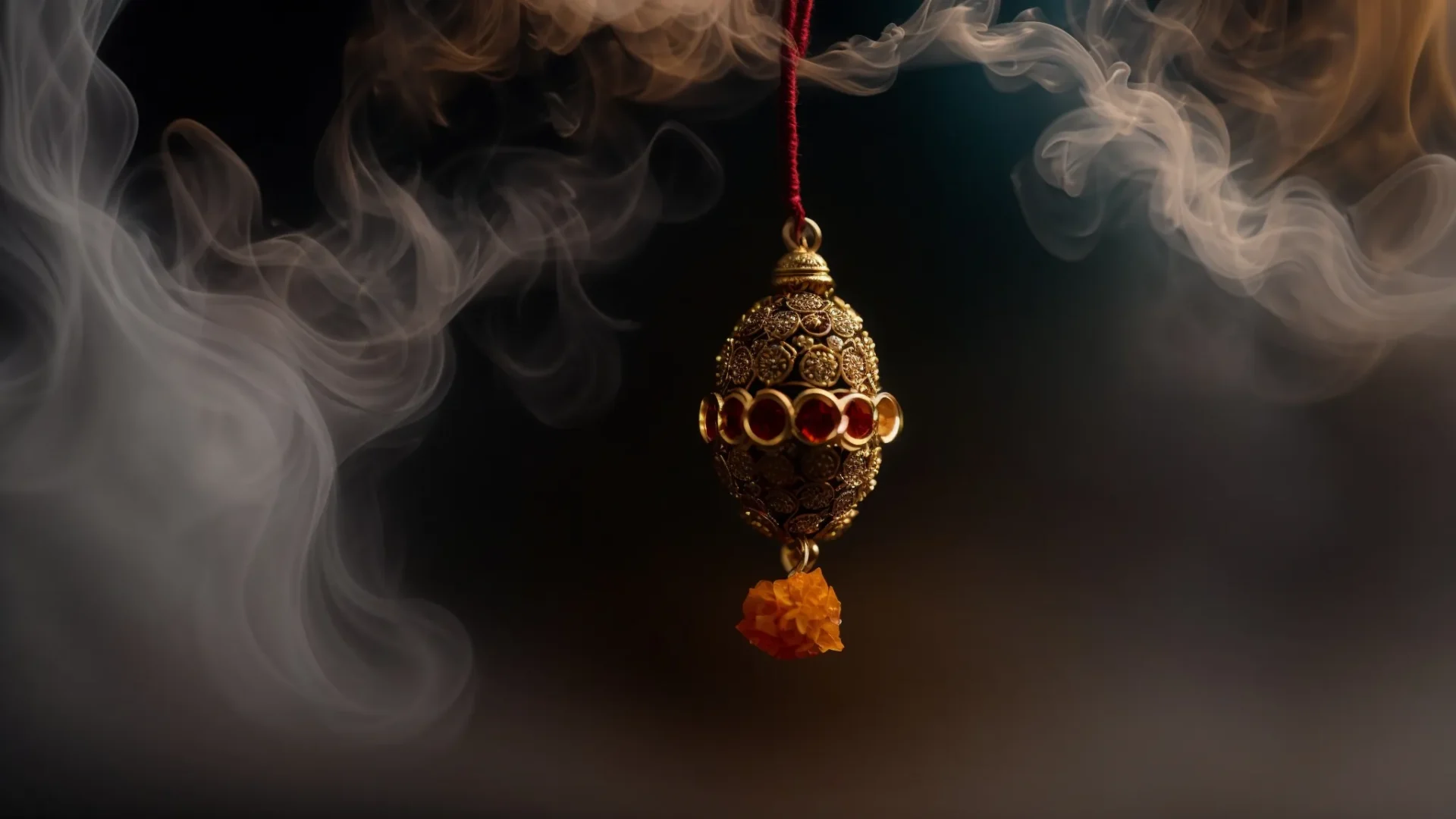 a glistening nine mukhi rudraksha bead surrounded by ethereal smoke during a purification ritual.