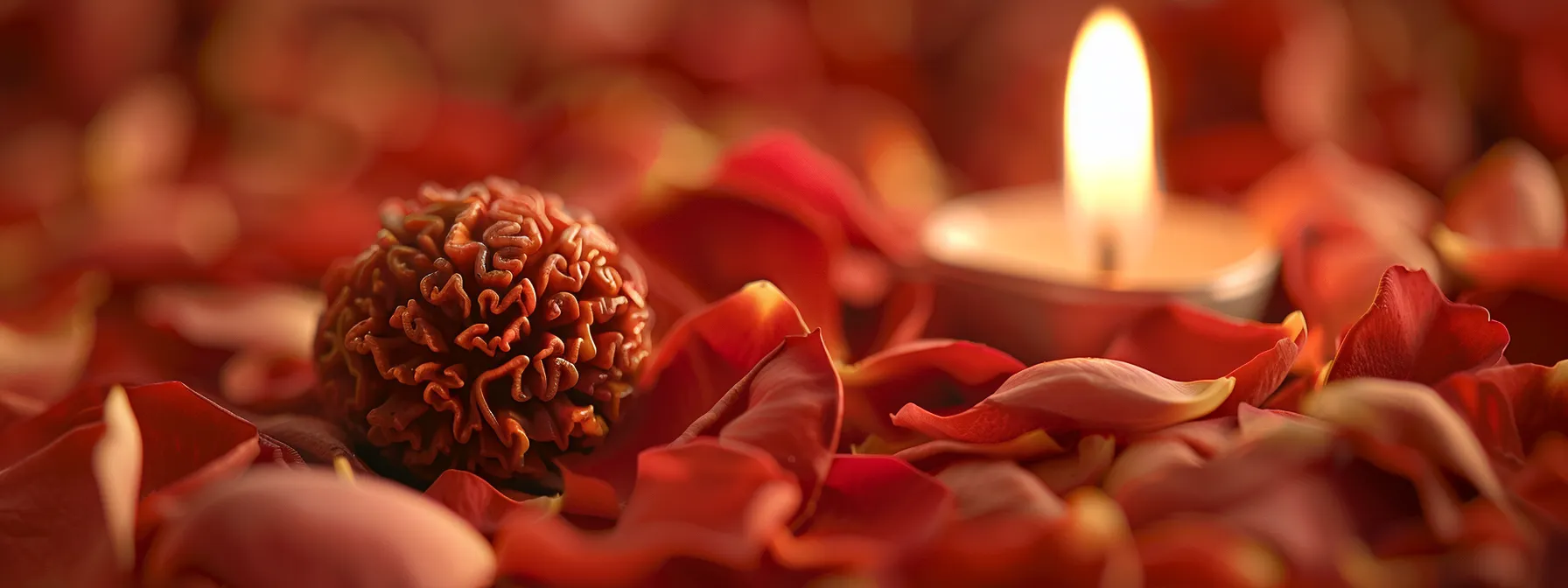 a glistening nineteen mukhi rudraksha bead resting on a bed of fresh rose petals, radiating a divine energy under soft candlelight.