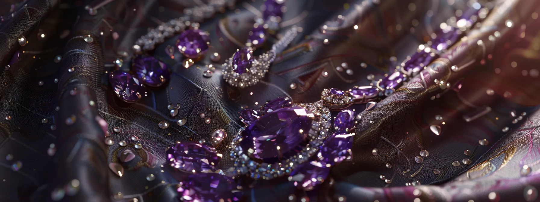 a glittering amethyst necklace elegantly draped over a flowing evening gown, accentuated by matching earrings and a delicate bracelet.