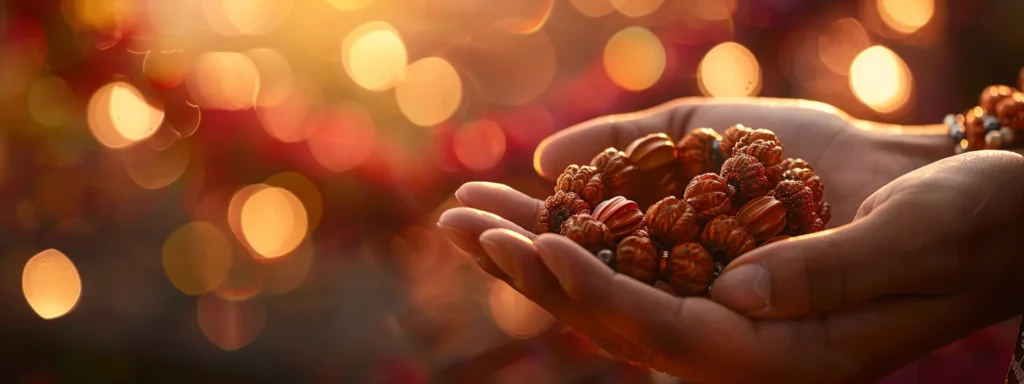 a glowing aura emanates from a hand clutching a beautiful string of sacred rudraksha beads.