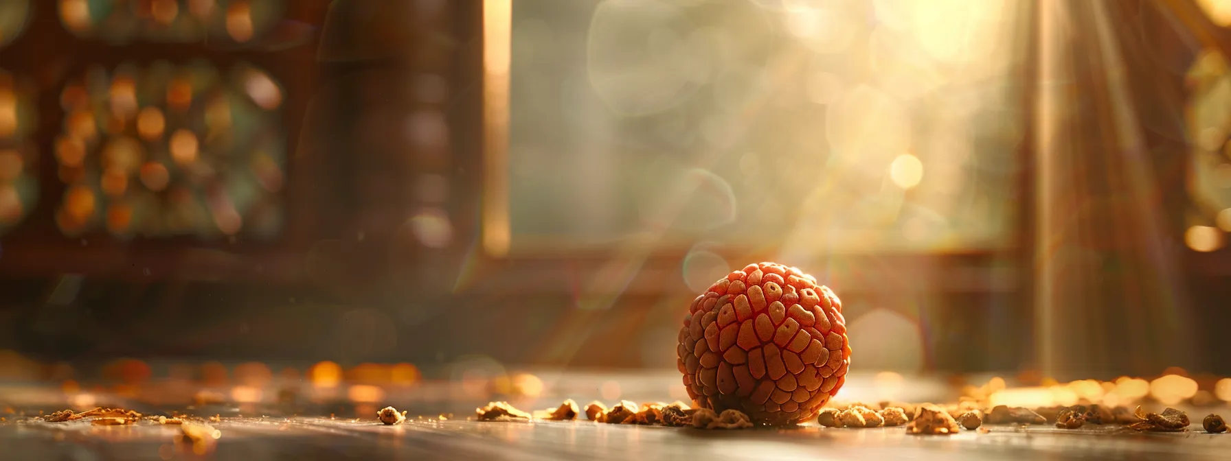 a glowing eight mukhi rudraksha bead being bathed in sunlight, surrounded by a serene meditative space.