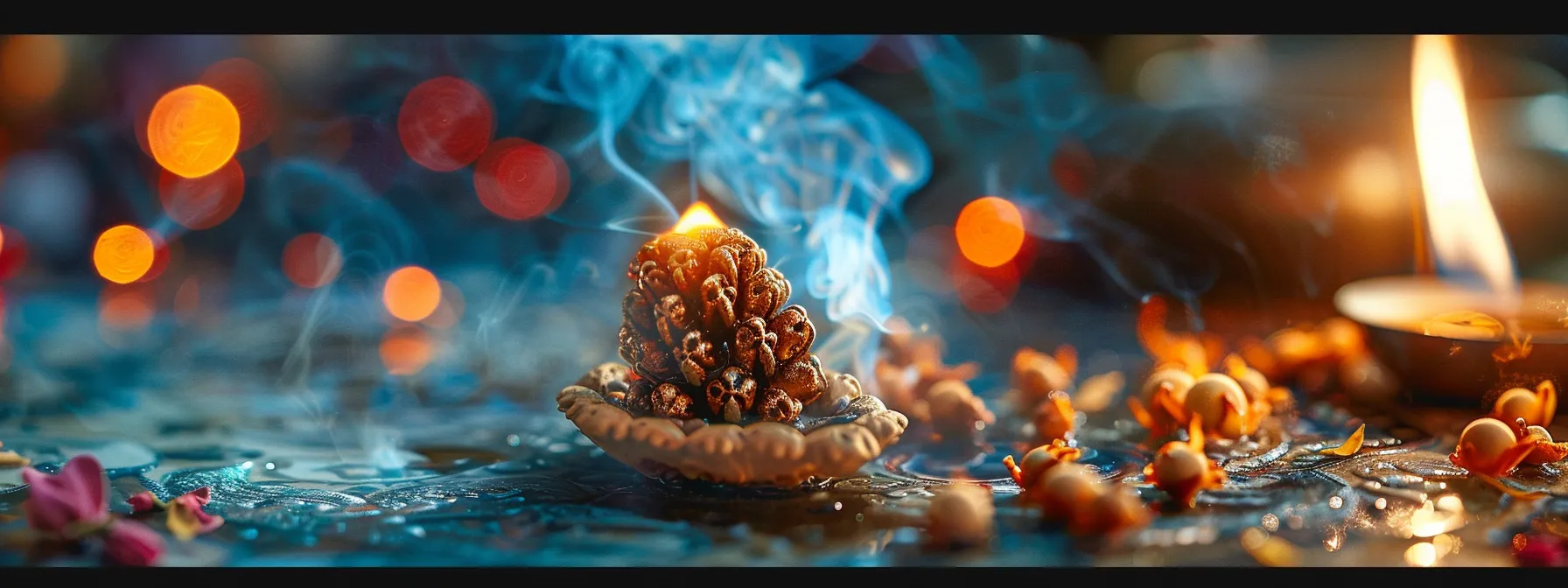 a glowing fifteen mukhi rudraksha seed being used in a vedic ceremony, surrounded by flickering ghee flames and ancient healing elements.