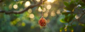 a glowing nine mukhi rudraksha suspended against a backdrop of serene nature, exuding a powerful aura of spiritual growth and enlightenment.