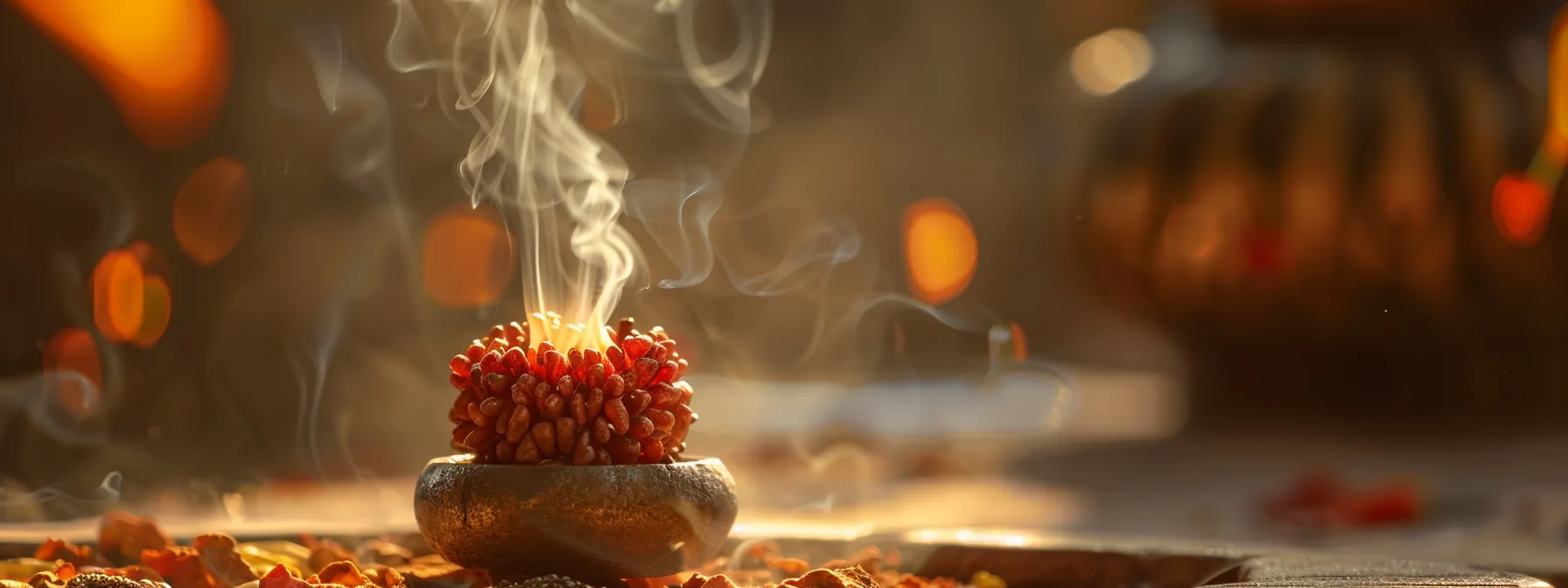 a glowing one mukhi rudraksha bead being cleansed in a sacred ceremony to activate its spiritual energy.