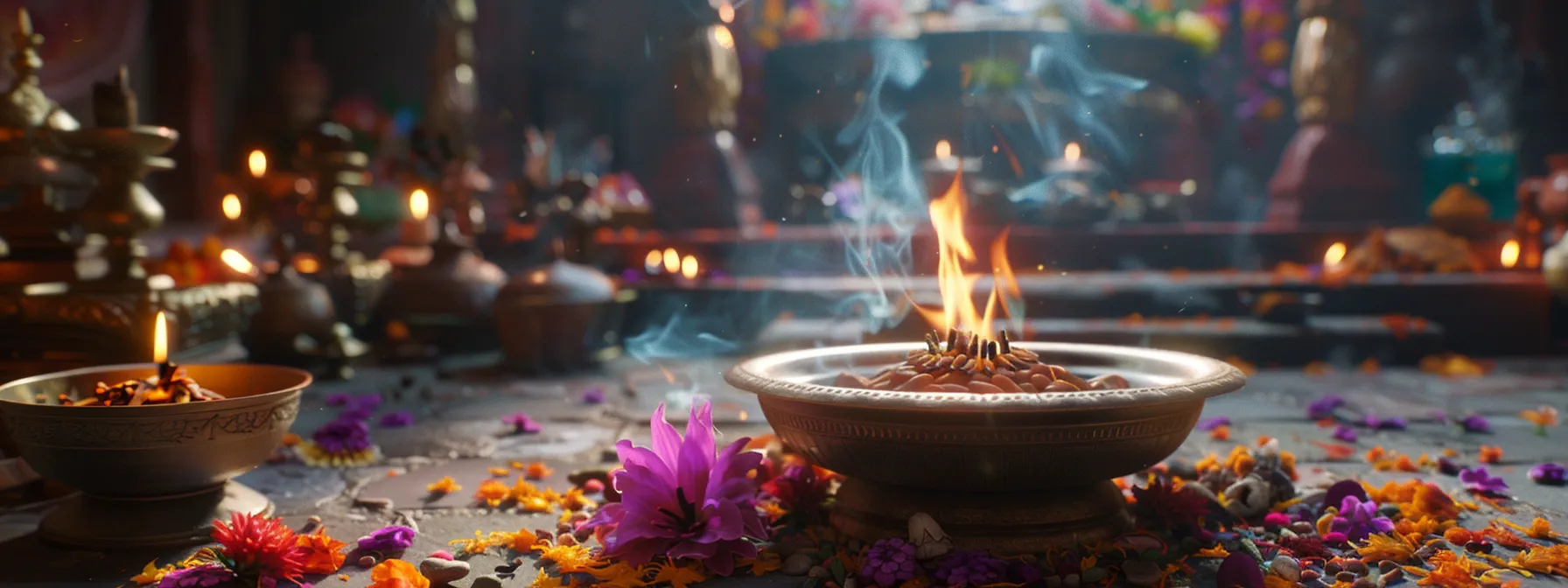 a glowing sandalwood incense stick burns amid a selection of puja items, creating a serene and spiritual atmosphere for the six mukhi rudraksha puja preparations.