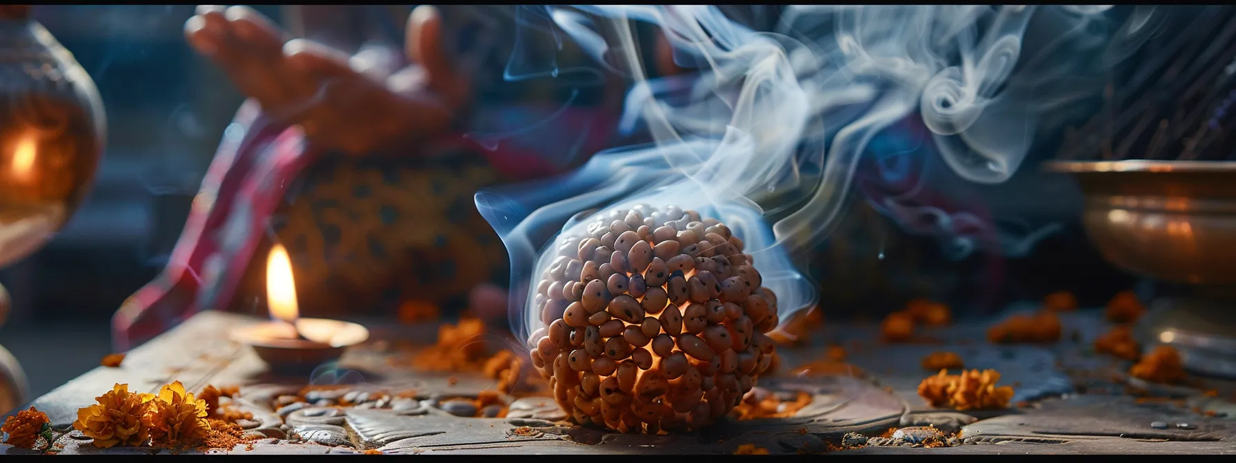 a glowing twenty mukhi rudraksha surrounded by incense smoke, with a priest chanting mantras and performing rituals to re-energize it after cleaning.