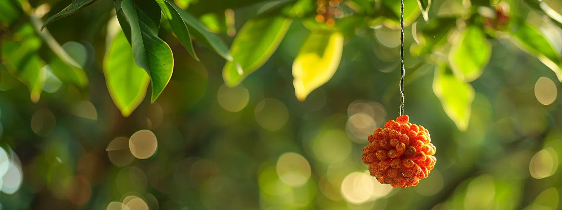 a glowing twenty mukhi rudraksha suspended against a backdrop of vibrant green leaves, symbolizing its profound biological impact on pain relief and emotional stability.