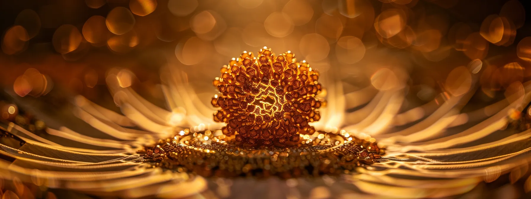 a glowing twenty one mukhi rudraksha surrounded by a halo of prosperity, leadership, protection, and spiritual growth.