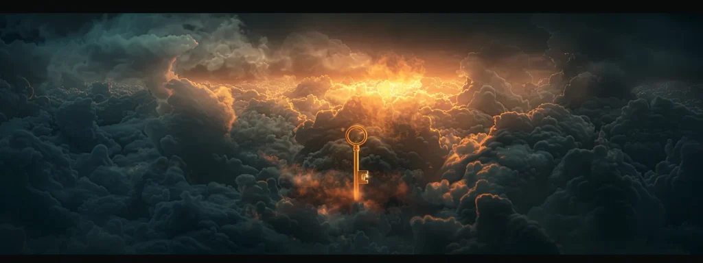 a golden key glowing amidst a sea of dark clouds, symbolizing unlocking prosperity through bob proctor's success principles.