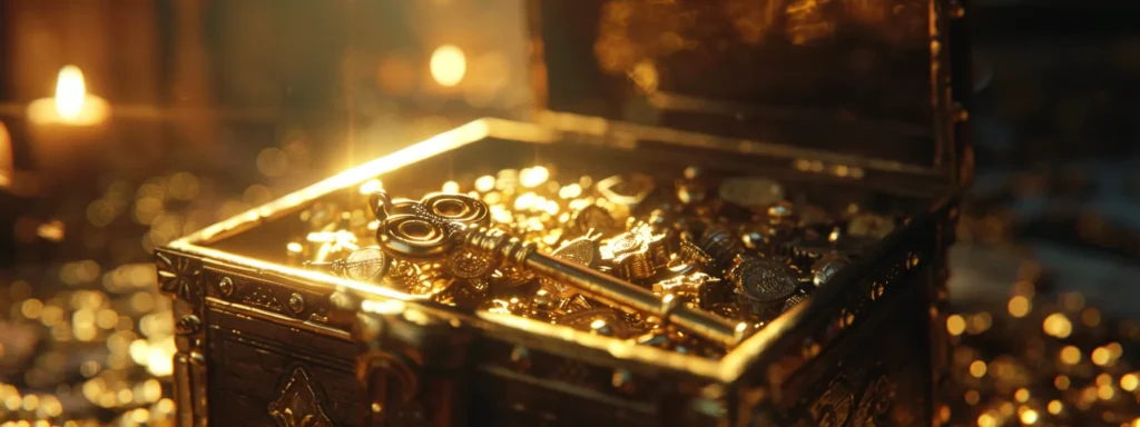 a golden key opening a treasure chest overflowing with riches.