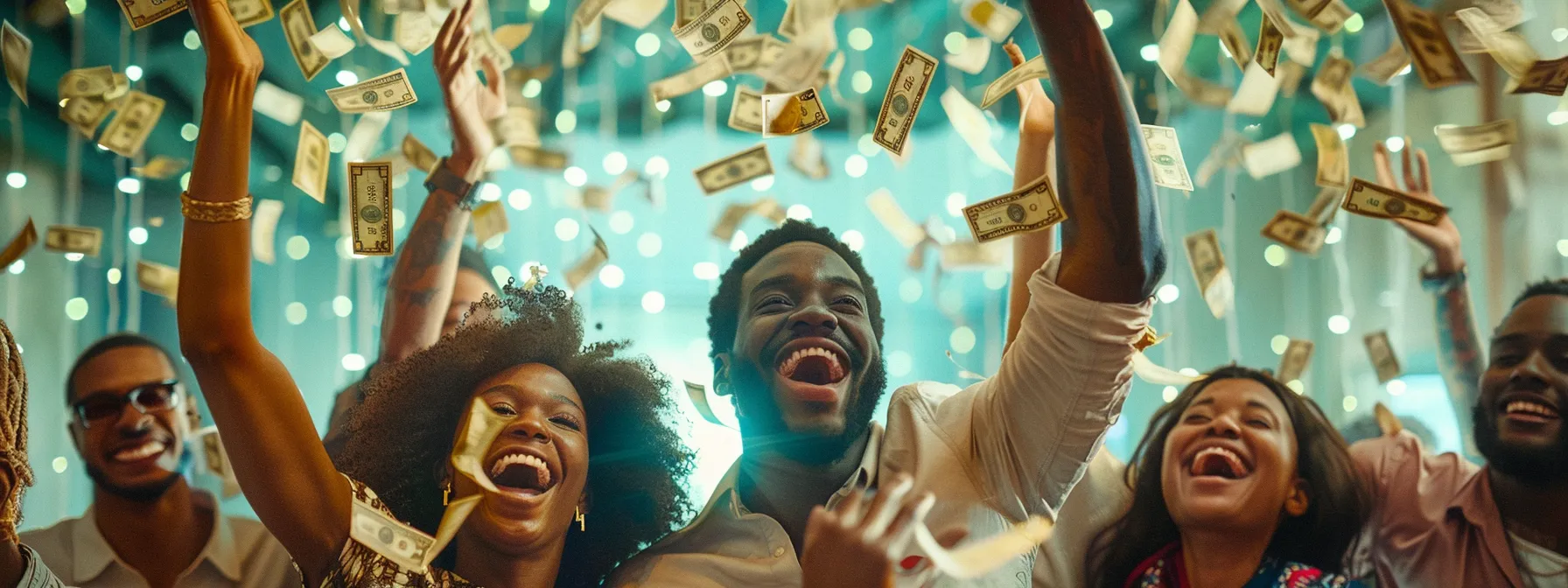 a group of diverse individuals celebrating joyously in a room filled with stacks of money and financial success symbols.