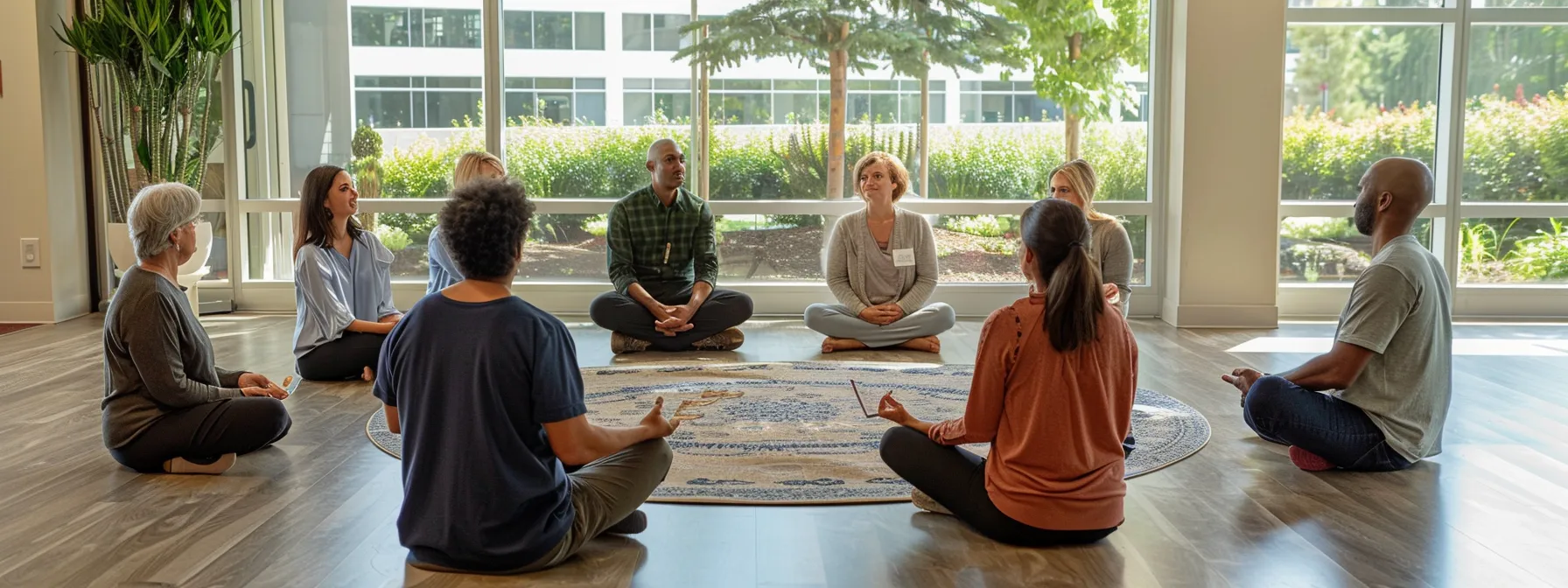 a group of diverse individuals practicing heartmath techniques in a serene office setting, fostering emotional awareness and connection.