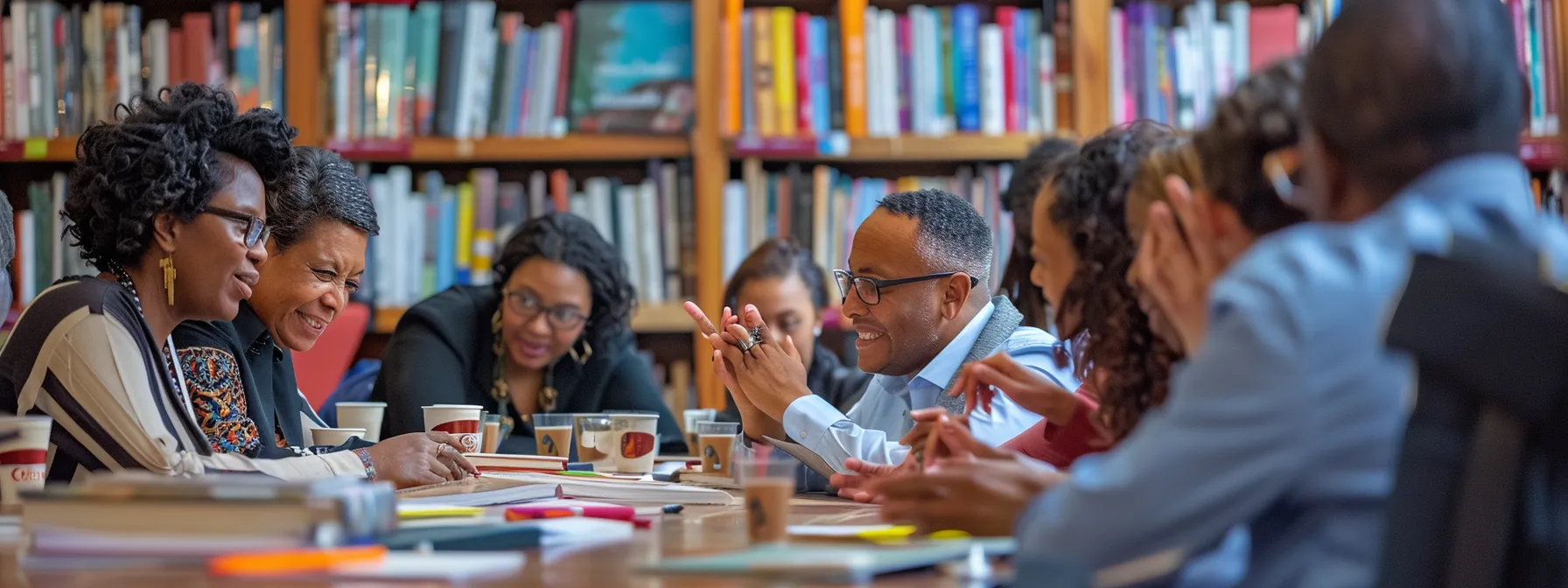 a group of diverse individuals engrossed in deep discussion at a personal development workshop, surrounded by shelves of recommended books and materials on wealth mastery.