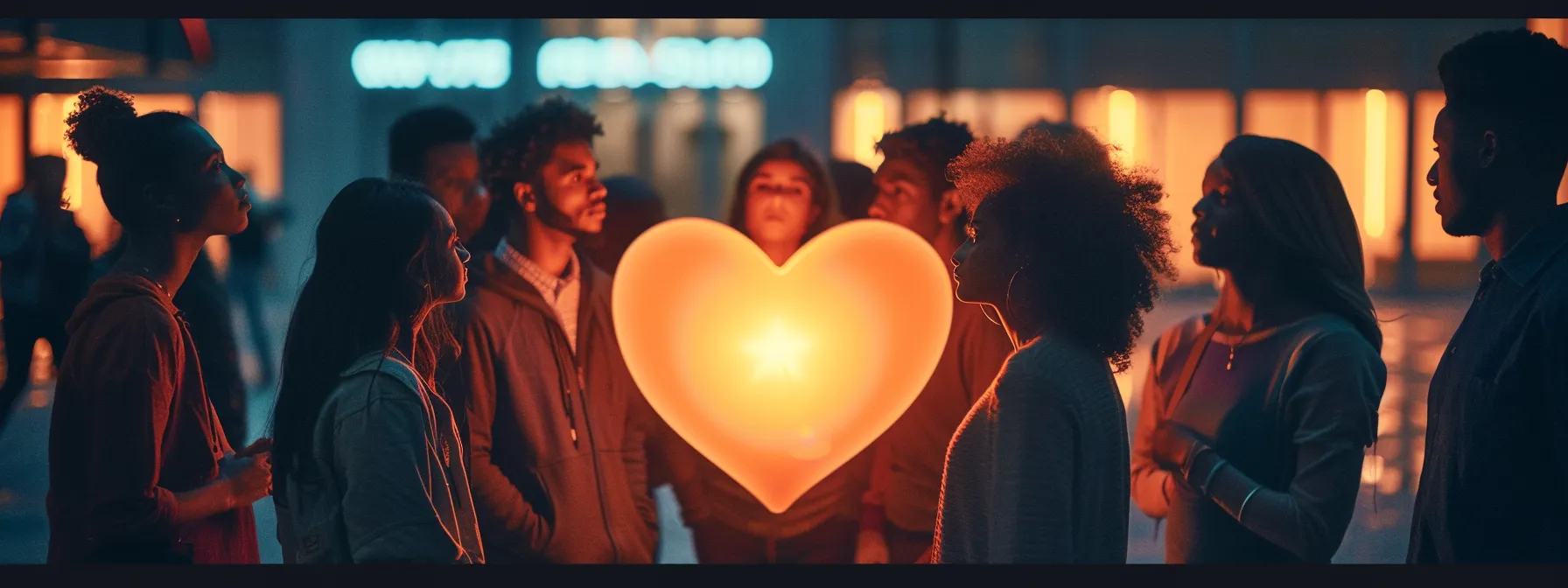 a group of diverse individuals gathered around a glowing heart-shaped symbol, exchanging stories and support, fostering a sense of community and connection.