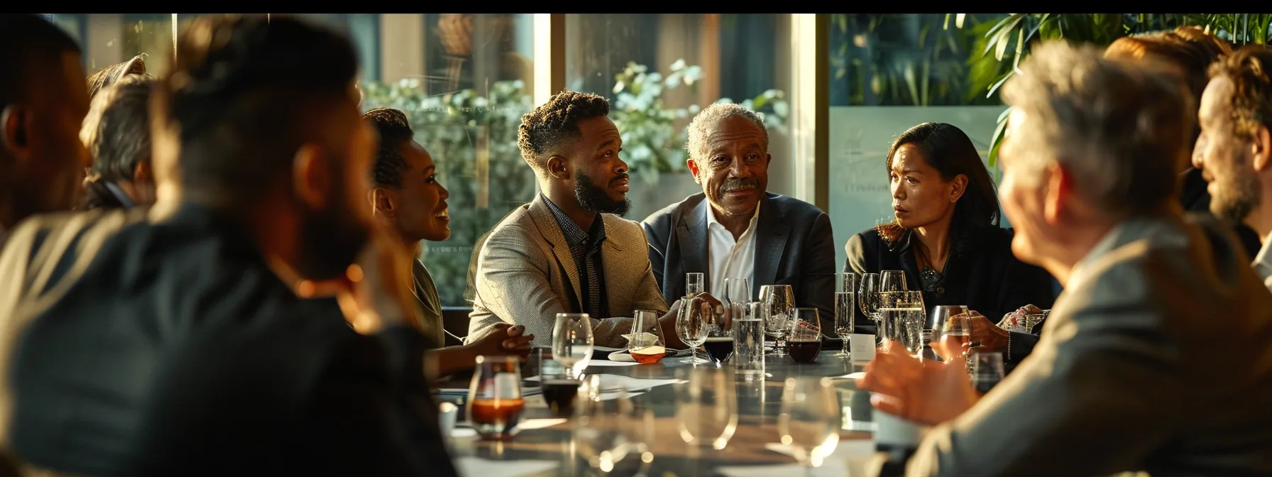 a group of diverse individuals gathered around a table, engaged in deep discussion and learning from a successful wealth builder.