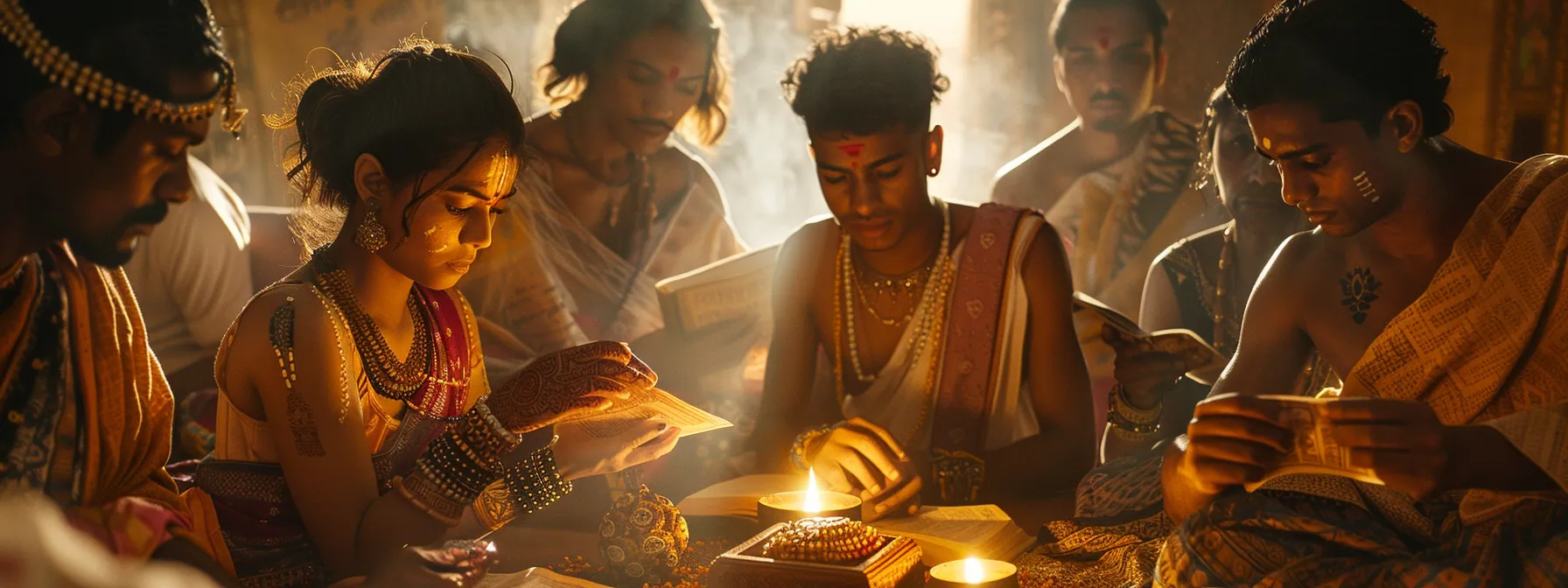 a group of diverse individuals, including african americans, studying ancient scriptures with reverence, surrounded by the mystical glow of an eighteen mukhi rudraksha.