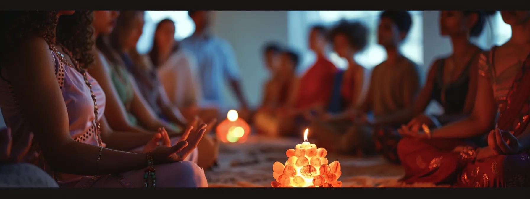 a group of diverse individuals meditating serenely around a glowing three mukhi rudraksha bead, symbolizing a blend of tradition and modern spirituality.