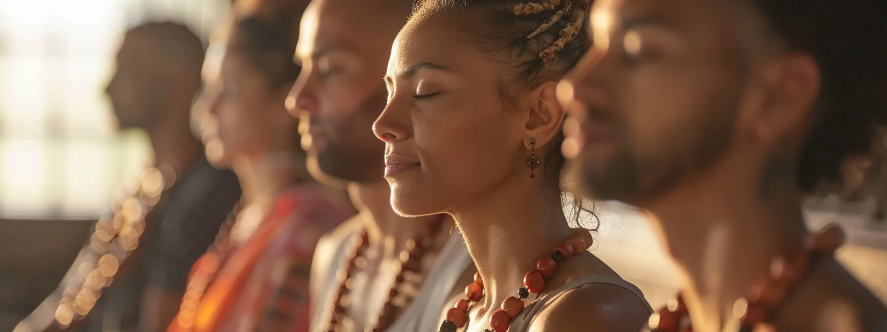 a group of diverse individuals sharing heartfelt stories of transformation while wearing the five mukhi rudraksha beads around their necks, radiating a sense of inner peace and spiritual connection.