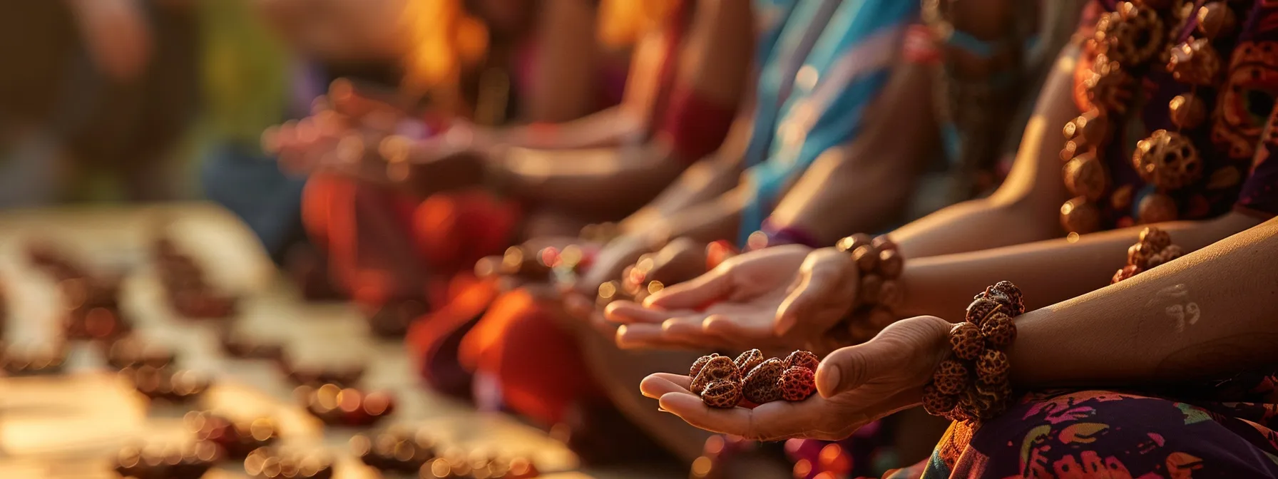 a group of diverse individuals sharing personal stories while holding their eight mukhi rudraksha beads, radiating a sense of connection and spiritual empowerment.