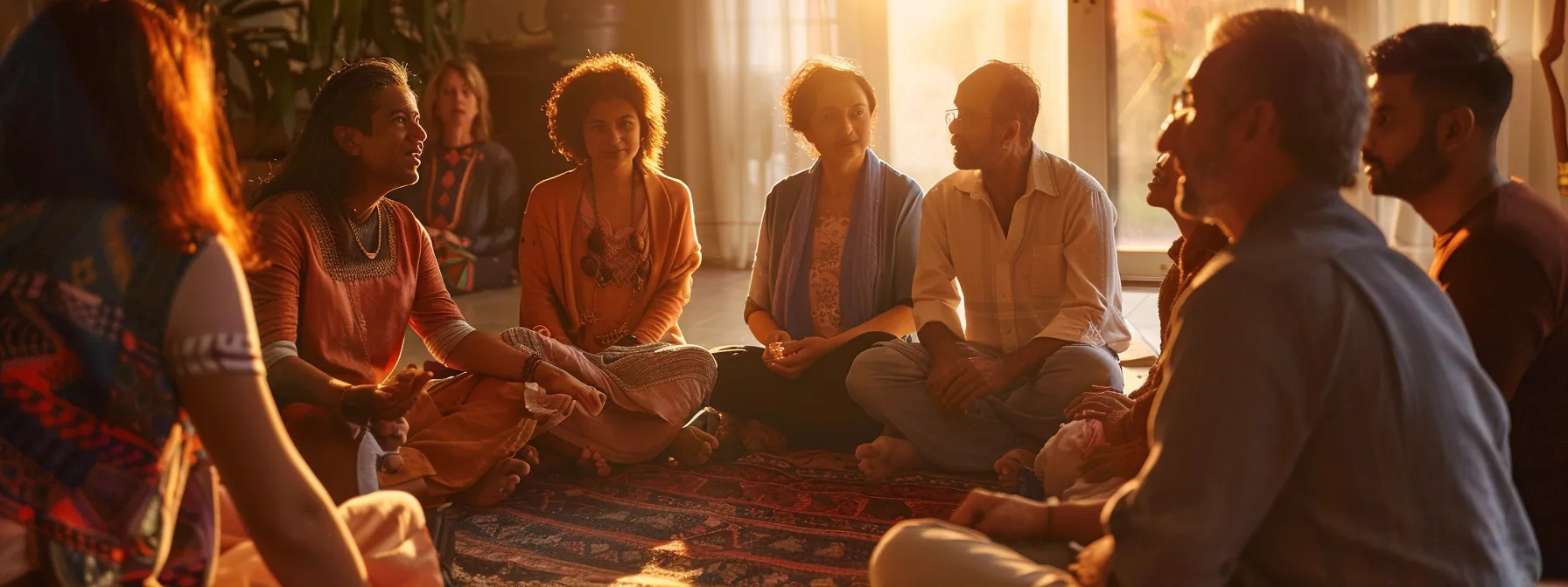 a group of diverse individuals sharing personal stories and experiences of their spiritual growth and transformation with the six mukhi rudraksha, creating a sense of connection and support within the community.