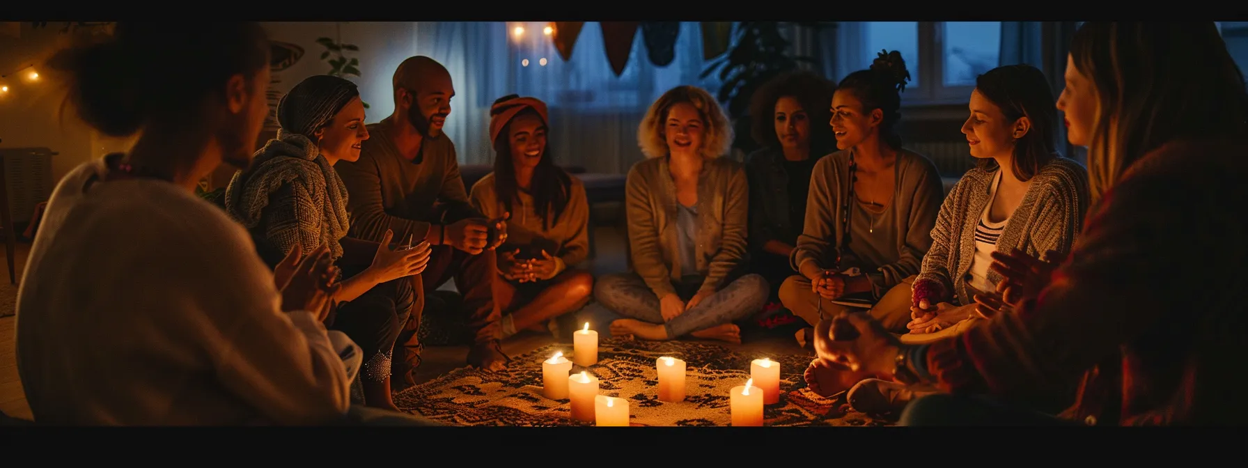 a group of diverse individuals sitting in a circle, sharing personal stories and spiritual insights under the soft glow of candlelight.