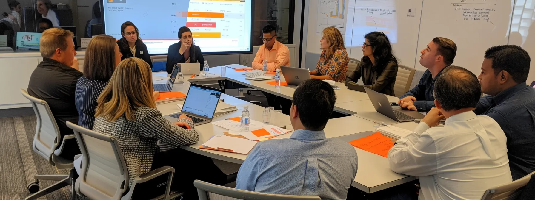 a group of diverse professionals gathered around a conference table, discussing strategies and reviewing charts with focused determination and collaboration.