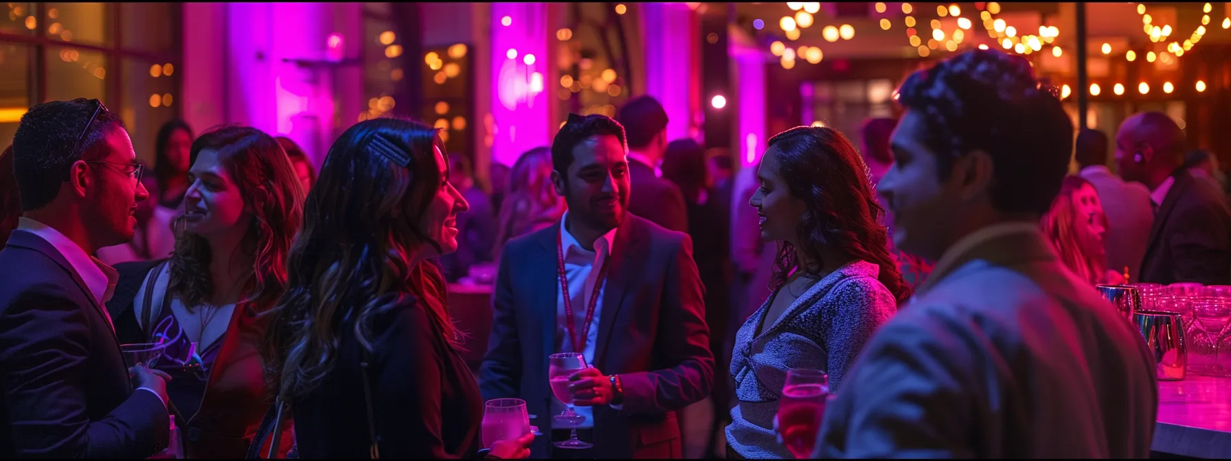 a group of diverse professionals networking and engaging in a lively conversation at a sophisticated cocktail event.