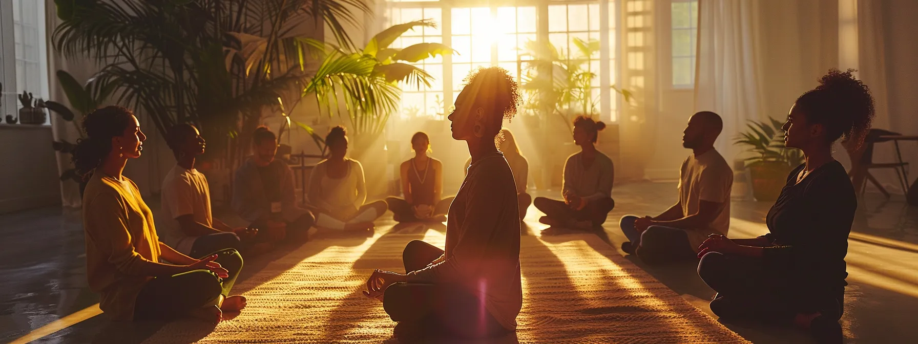 a group of diverse professionals practice heartmath techniques together in a tranquil office setting, radiating a sense of calm focus and collaboration.