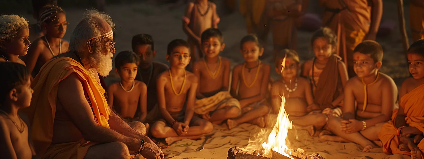 a group of elders gathered around a flickering campfire, animatedly sharing the ancient myths of the three mukhi rudraksha with wide-eyed children listening intently.