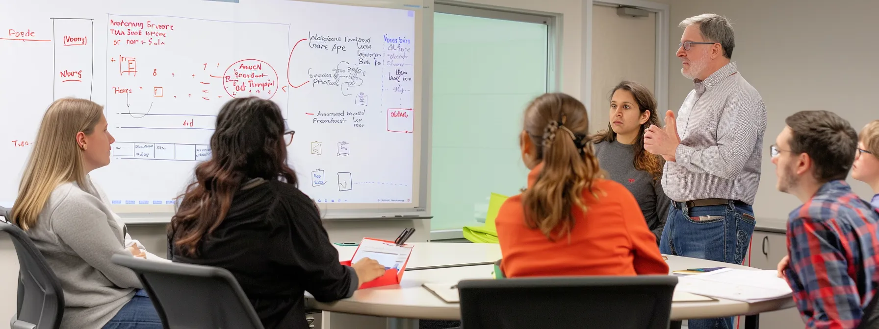 a group of employees engaged in a focused discussion around a strategic planning whiteboard, with eyes reflecting determination and alignment towards a shared vision.