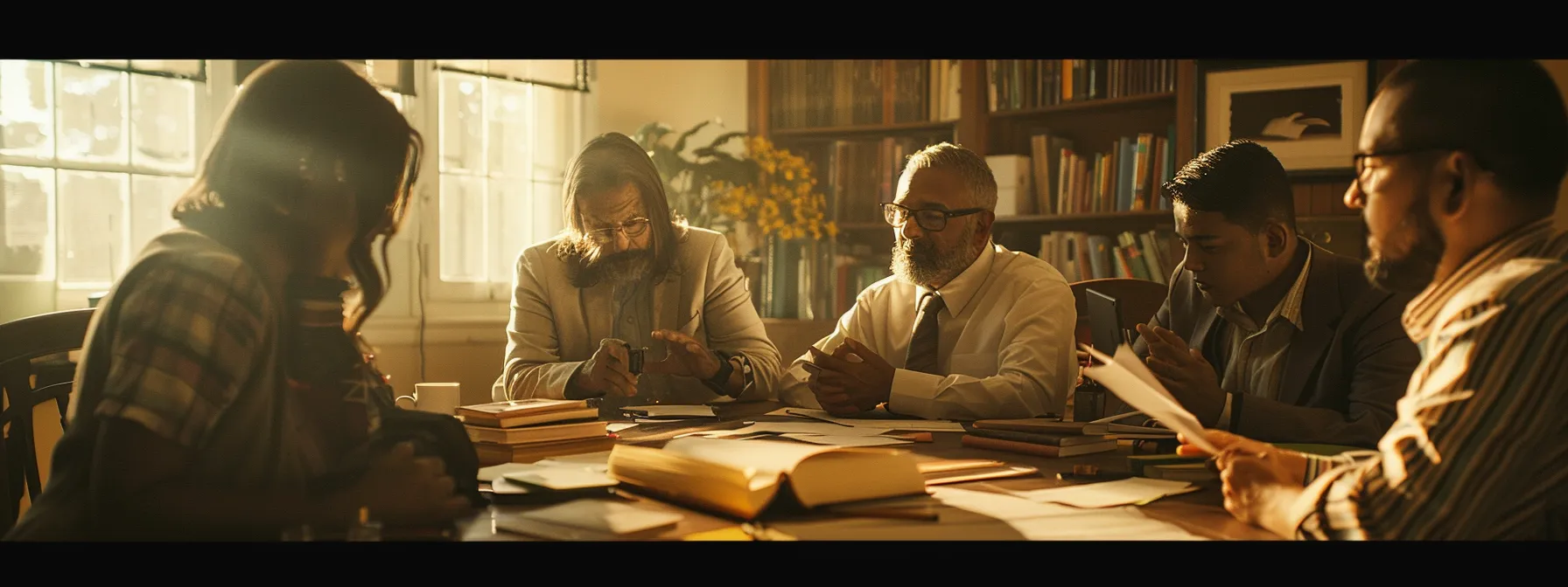 a group of focused individuals gathering around a table, engaged in deep discussion and planning, surrounded by books and notes, embodying the spirit of wealth mastery.