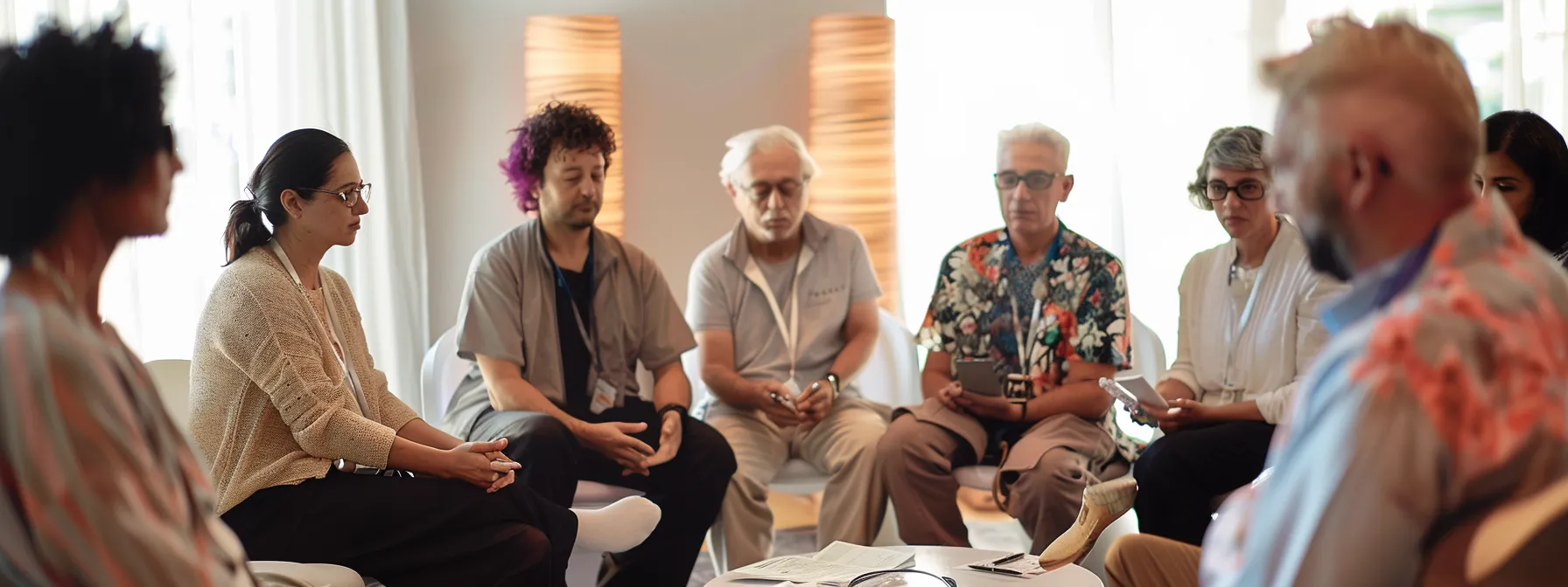 a group of individuals connecting and sharing support in a heartmath workshop, surrounded by calming technology and tools to enhance their resilience journey.