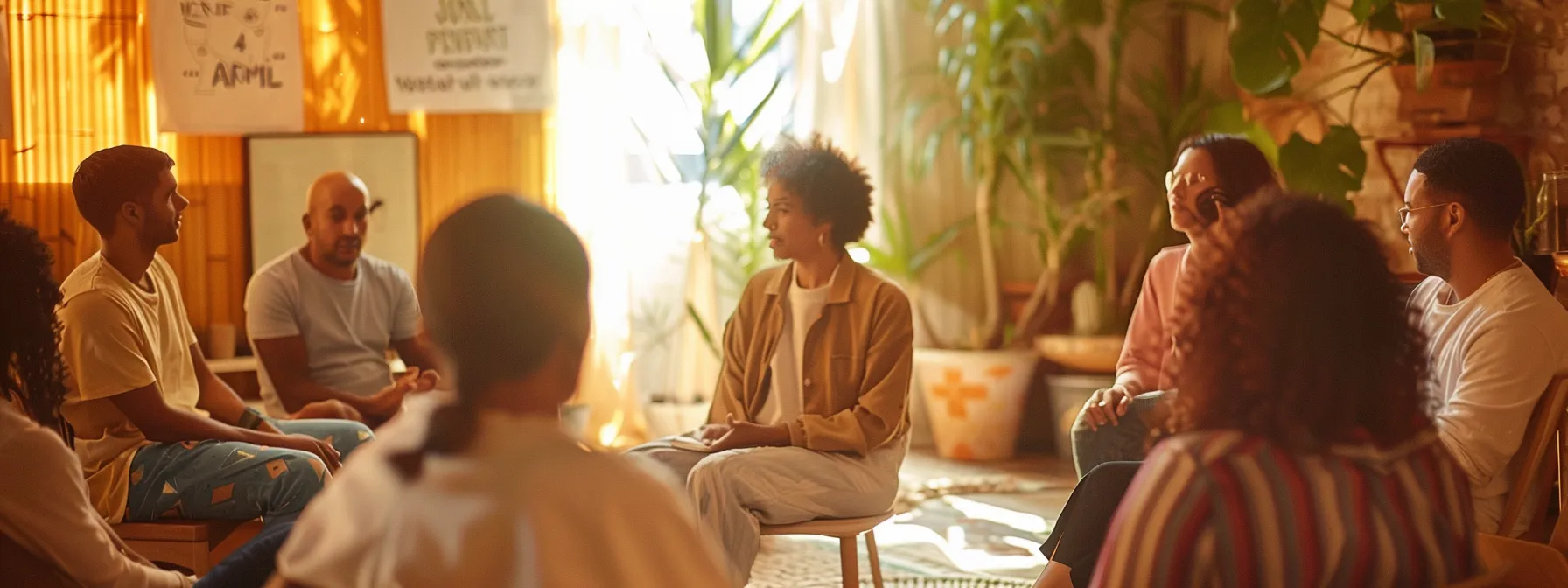 a group of individuals in a serene workshop setting, surrounded by inspirational quotes and motivational visuals, undergoing a profound mindset transformation led by a facilitator.