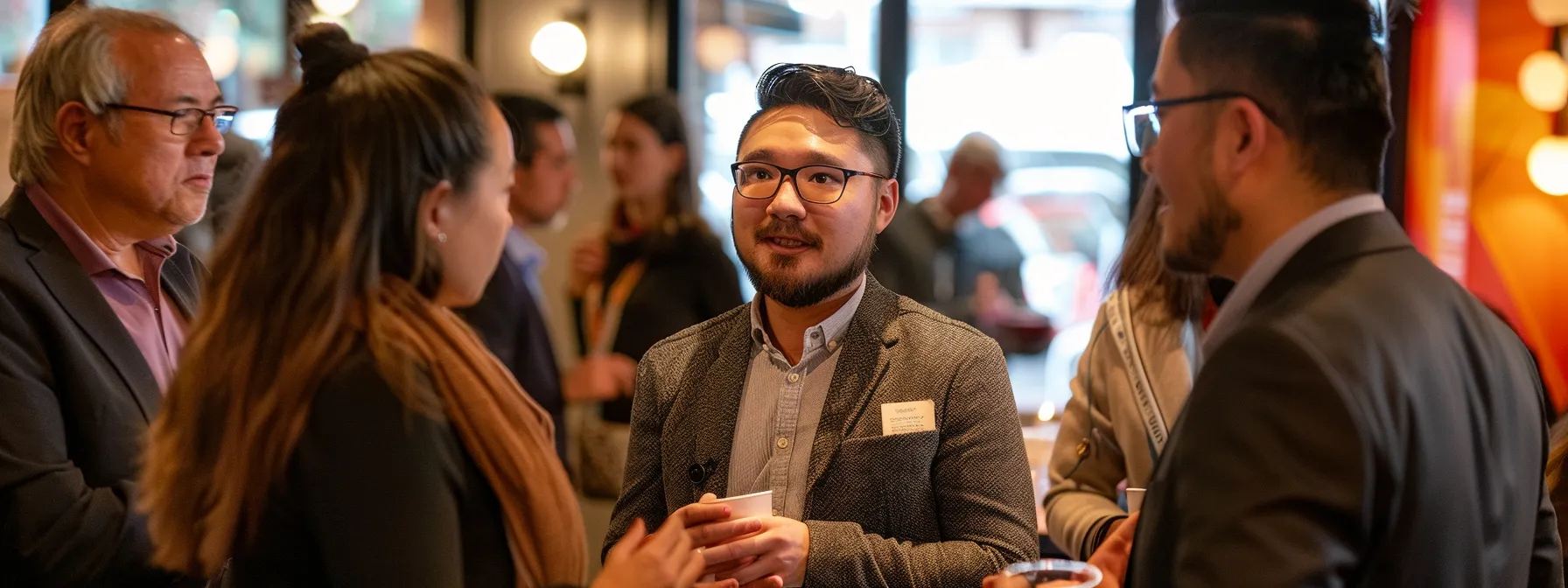 a group of professionals engaged in lively conversation at a networking event, exchanging ideas and building connections.