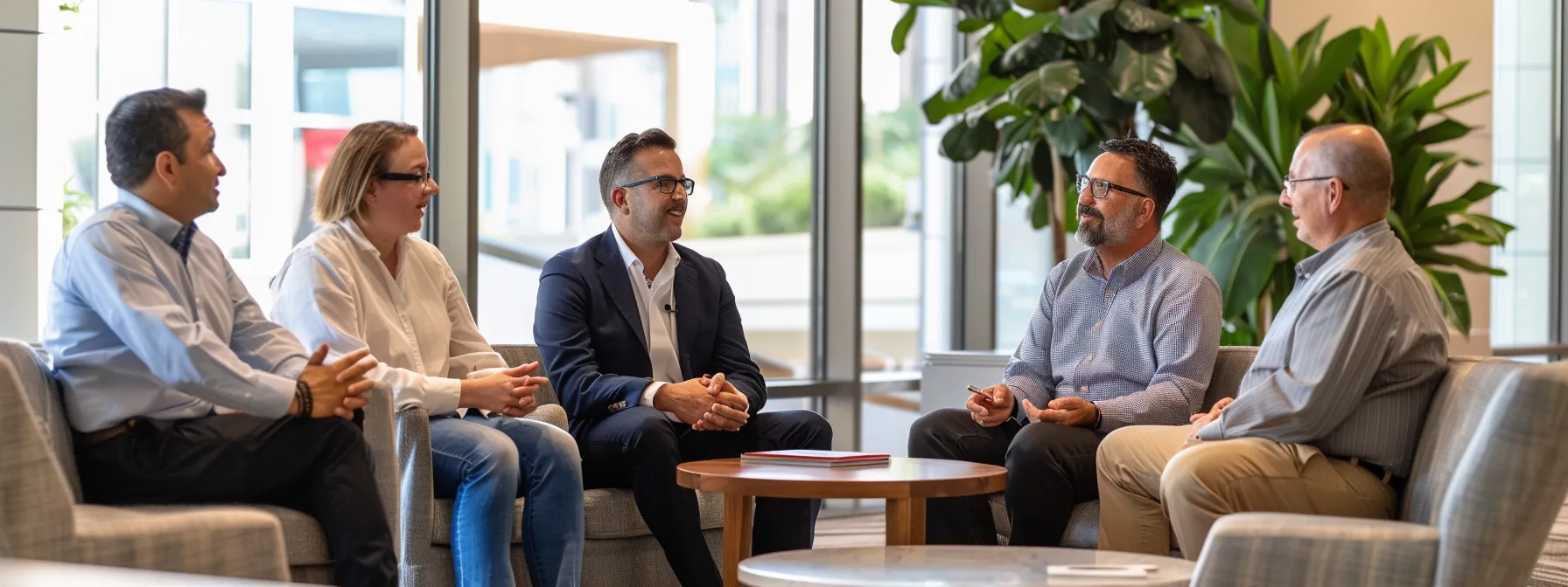 a group of professionals engaged in animated conversation, exuding confidence and connection in a sleek, modern office setting.