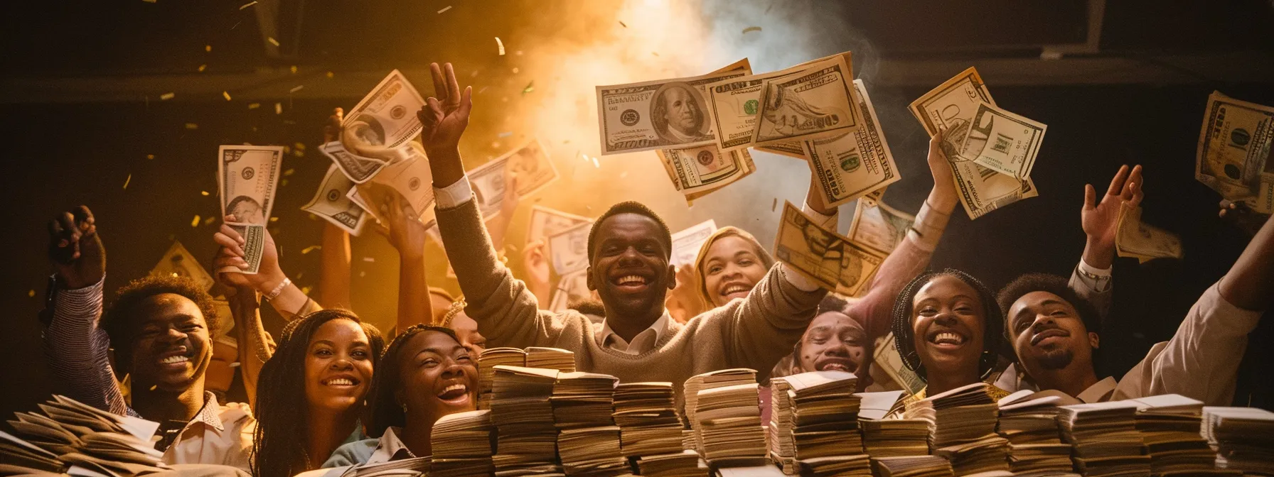 a group of smiling individuals proudly holding up oversized checks, surrounded by stacks of money and glowing with the success of their wealth transformation.