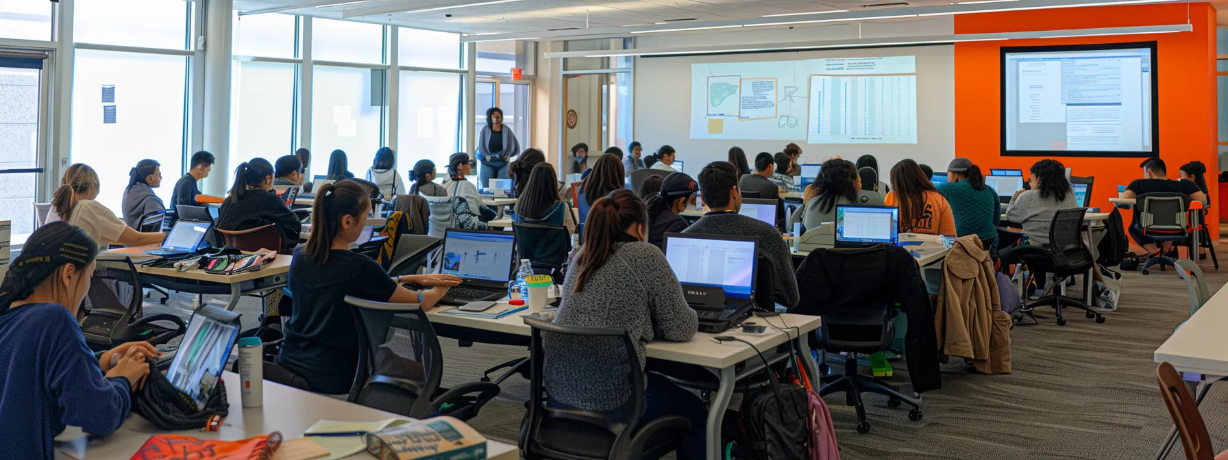 a group of trainees collaborating and practicing together, surrounded by supportive instructors, creating a vibrant and empowering learning environment.