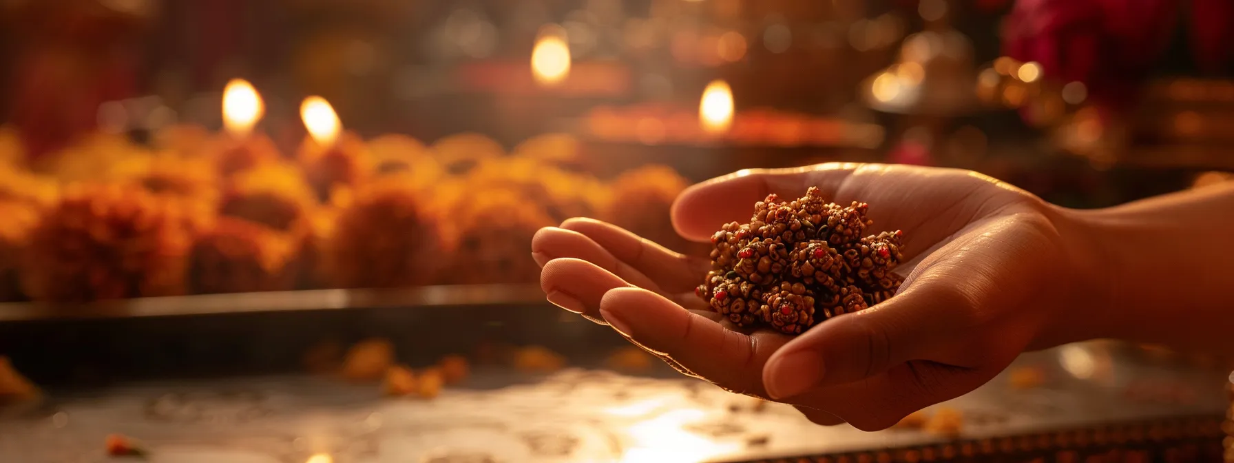 a hand delicately holding a gleaming seven mukhi rudraksha bead beside a shining clean altar.