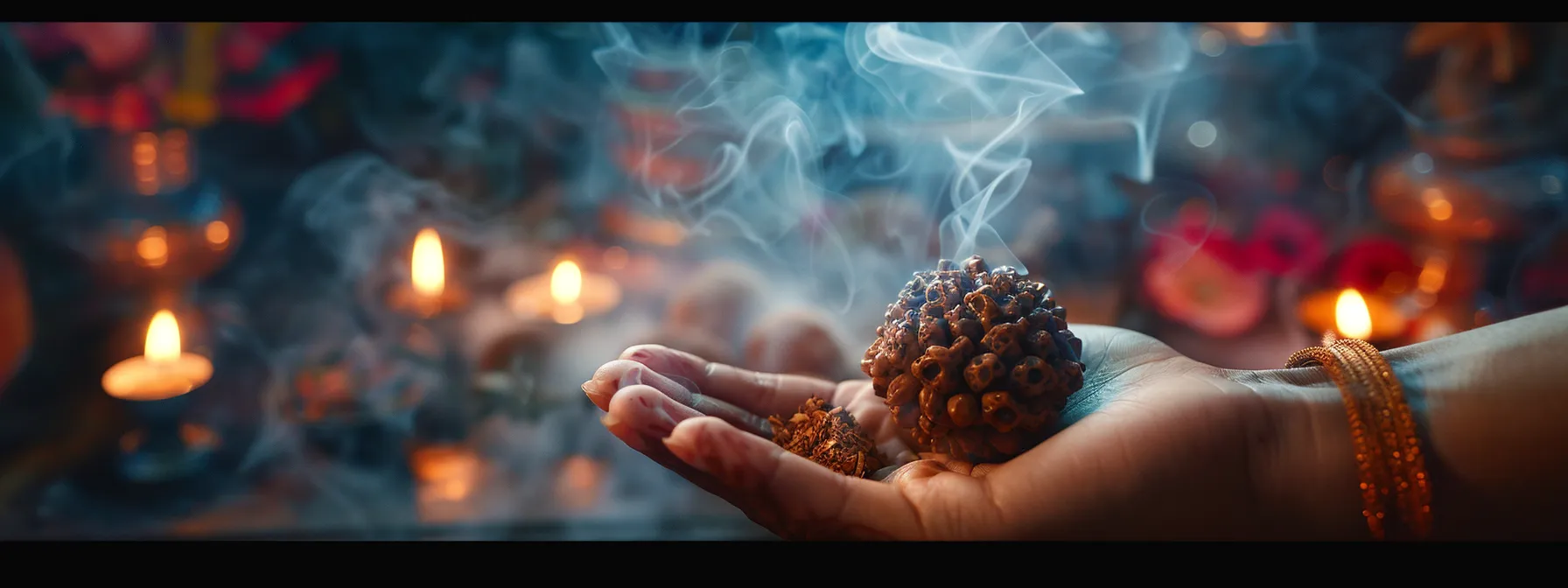 a hand holding a shimmering ten mukhi rudraksha bead surrounded by incense smoke and glowing candles, ready to be worn for spiritual alignment.