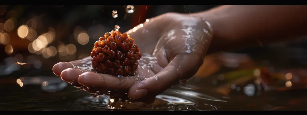 a hand holding a shiny, purified eleven mukhi rudraksha bead under running water.