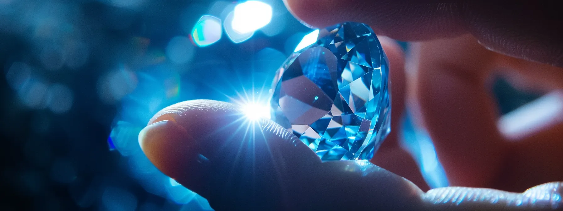 a hand holding up a sparkling blue sapphire under a bright light, showcasing its natural brilliance and clarity.