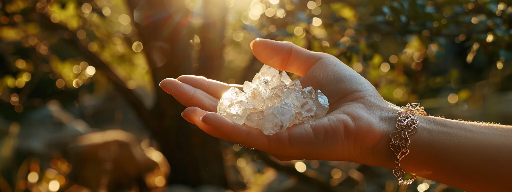 a hand reaching out to touch a sparkling crystal quartz bracelet adorned with a delicate tree of life charm, radiating positive energy and healing properties.