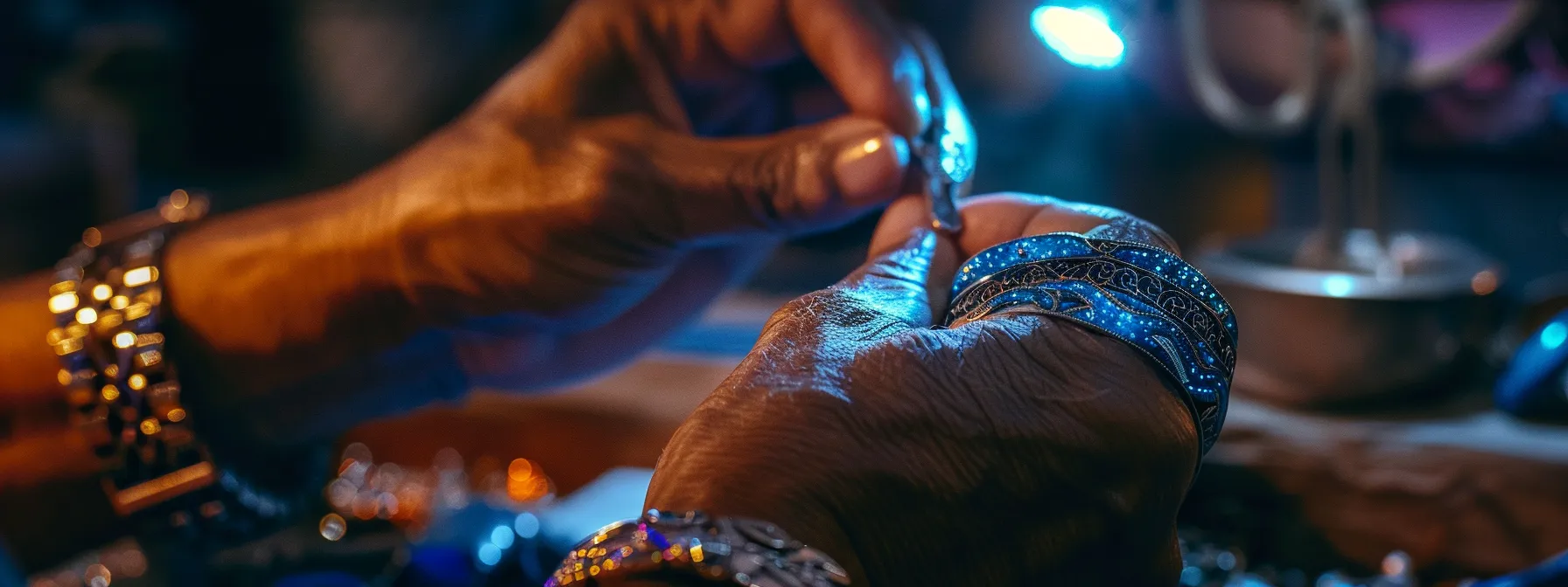 a jeweler crafting a dazzling blue sapphire bracelet with intricate engravings and complementary gemstones, reflecting personal style and individuality.