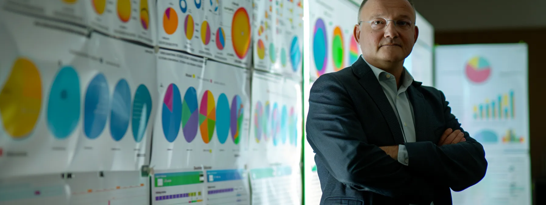 a leader standing in front of a whiteboard covered in colorful swot analysis charts, decision matrices, and data analytics graphs, showcasing their use of decision-making tools and techniques to enhance leadership skills.