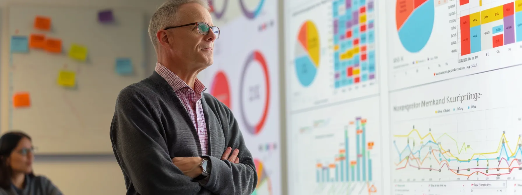 a leader standing in front of a whiteboard covered in colorful graphs and charts, deep in thought, surrounded by a team engaged in a lively discussion.