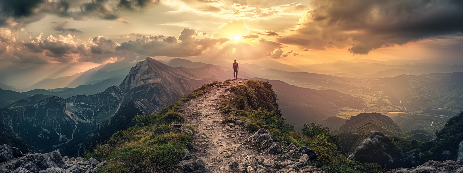 a lone figure standing on a rocky path, facing a steep mountain with determination in their eyes, symbolizing the resilience needed to overcome obstacles on the journey to success.