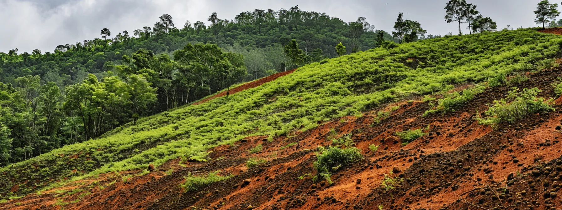 a lush mountain slope covered in fertile soil and dotted with rudraksha trees thriving amidst moderate rainfall and temperature.